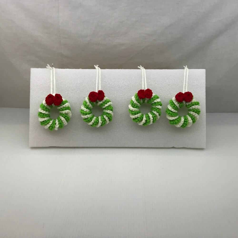 Handmade Crochet Christmas Lime Green Wreath Set of 4 Hanging Tree Ornaments